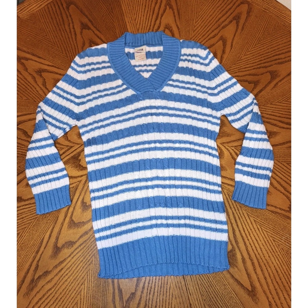 Y2K Faded Glory Womens Striped V‎ Neck Sweater Blue & White Striped  Rib Knit L